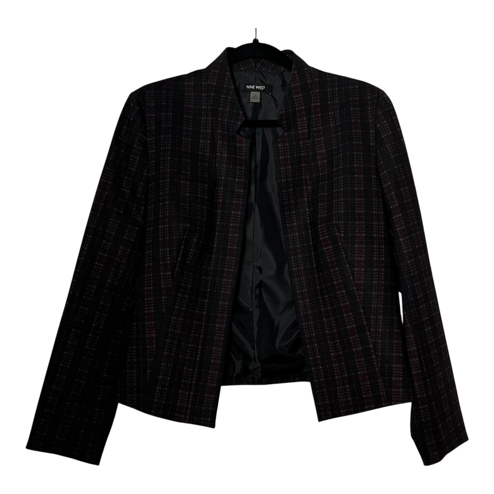 Nine West Women Open Front Plaid Blazer Jacket Black Burgundy Size 10 Collarless